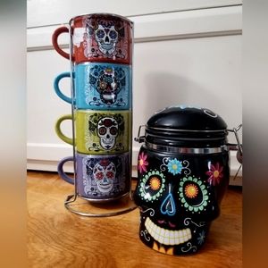 Sugar Skull Day of the Dead Black Candy Trinket Jar, Hinged Canister/cappuccino